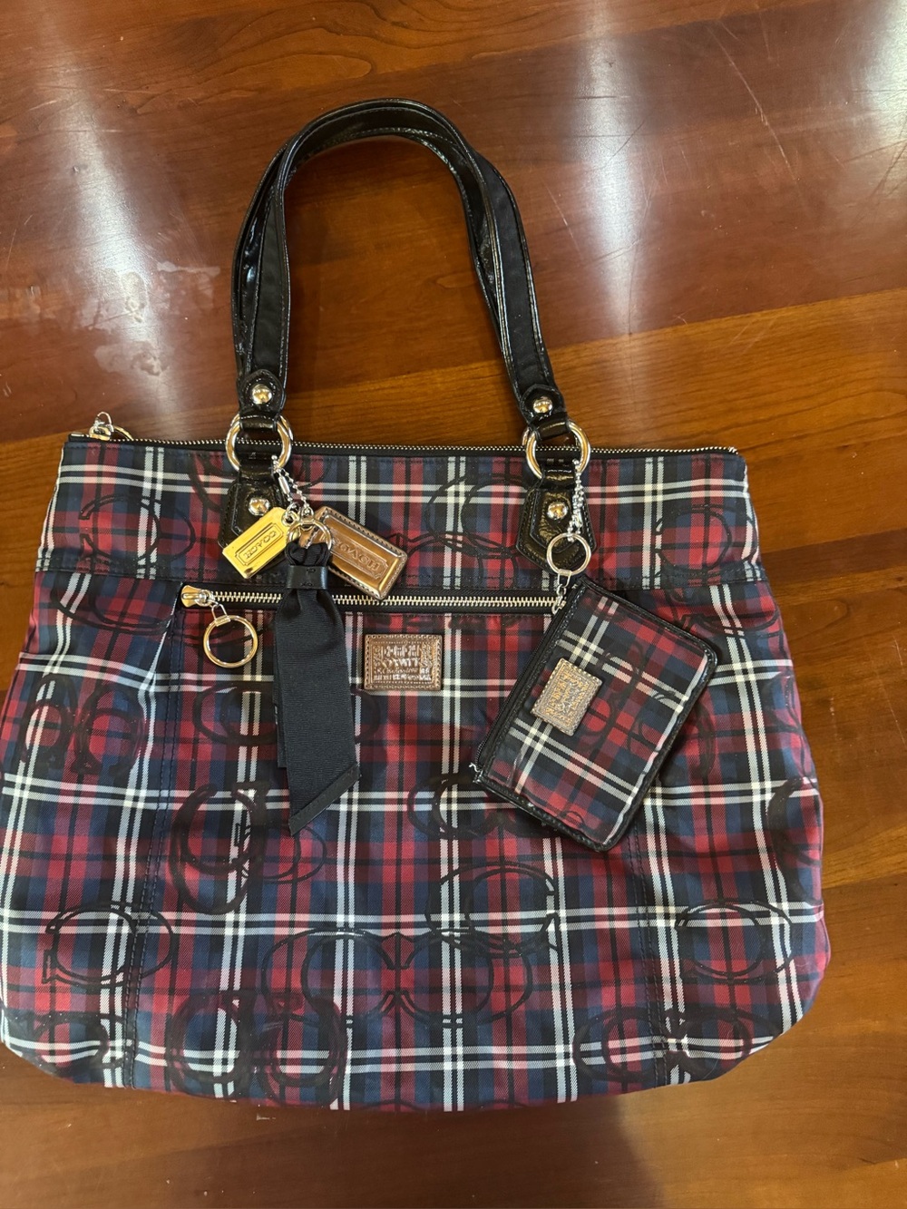 Coach Poppy Tartan Plaid Glam Tote + Matching Zip Card Pouch (18713)